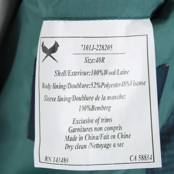 Cardinal of Canada NWT Wool Sport Coat Size 40R US In Blue & Green Melange
